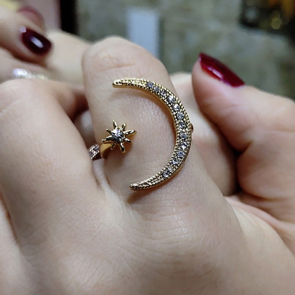 Crescent Star Moon Plated Creative Exaggerating Open Ring