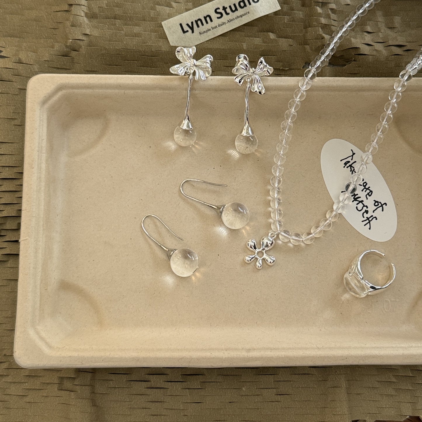 Clear White Crystal Series Collection Bow Water Drop Flower Necklace