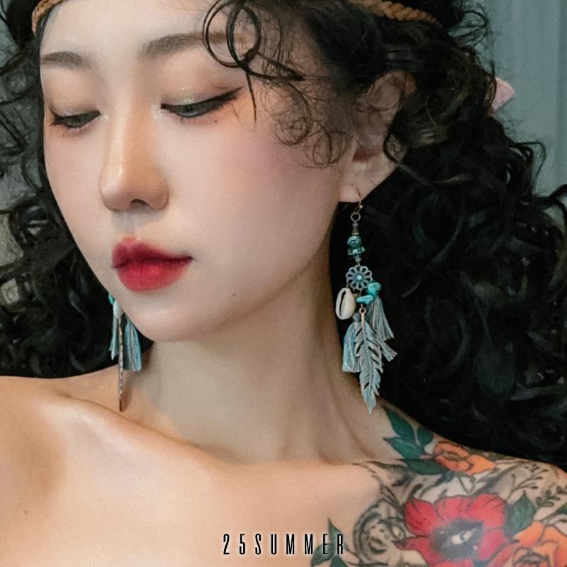 Women's Wandering Style Feather Tassel Retro Ethnic Rings