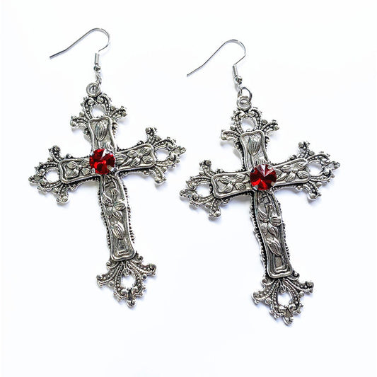 Boucles d'oreilles pendantes en strass avec croix imprimée de fleurs créatives