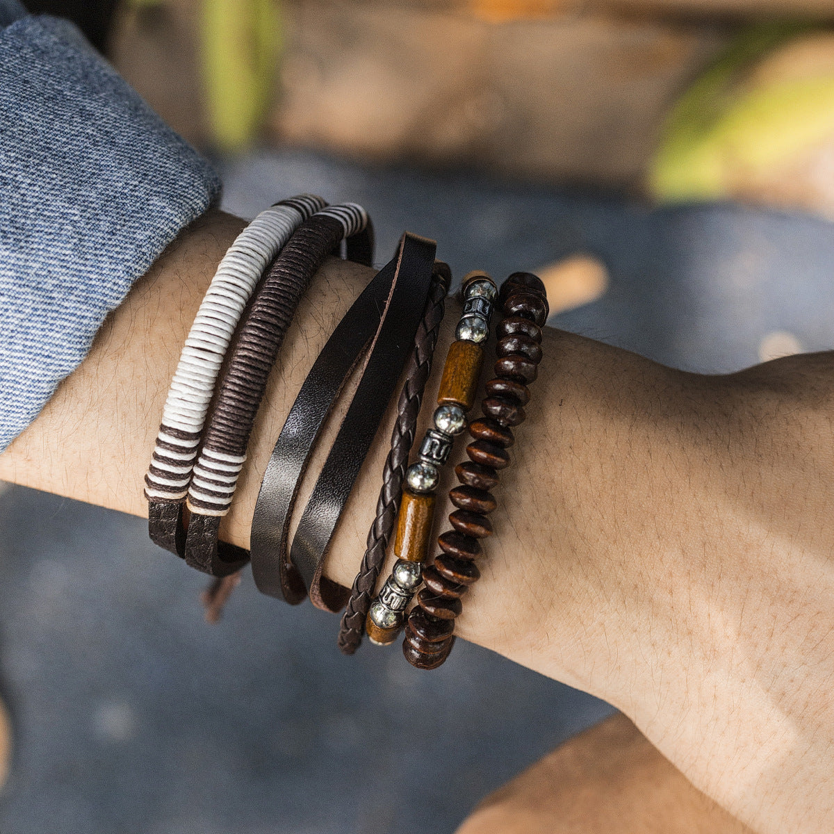 Bracelets en cuir à coutures perlées simples en bois pour hommes