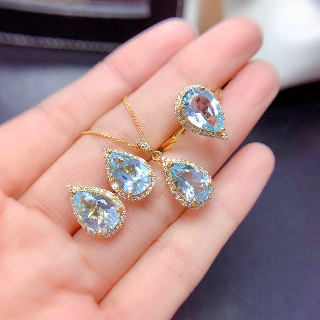Women's Imitation Natural Blue Switzerland Topaz Eardrops Droplet Type Lucky Citrine Necklaces