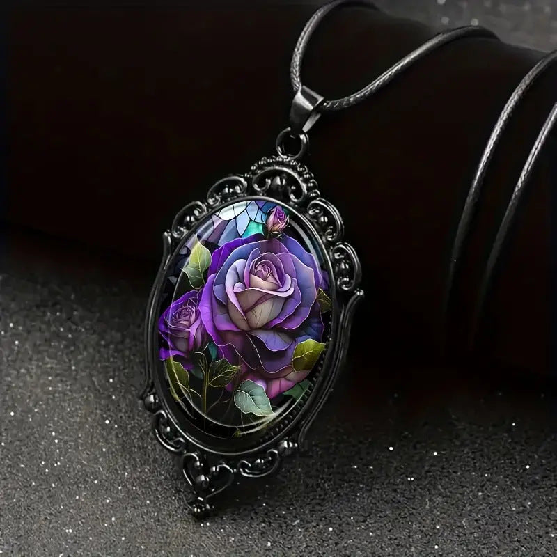 Flowers Print Black Frame Glass Chain Romantic Gift Necklaces
