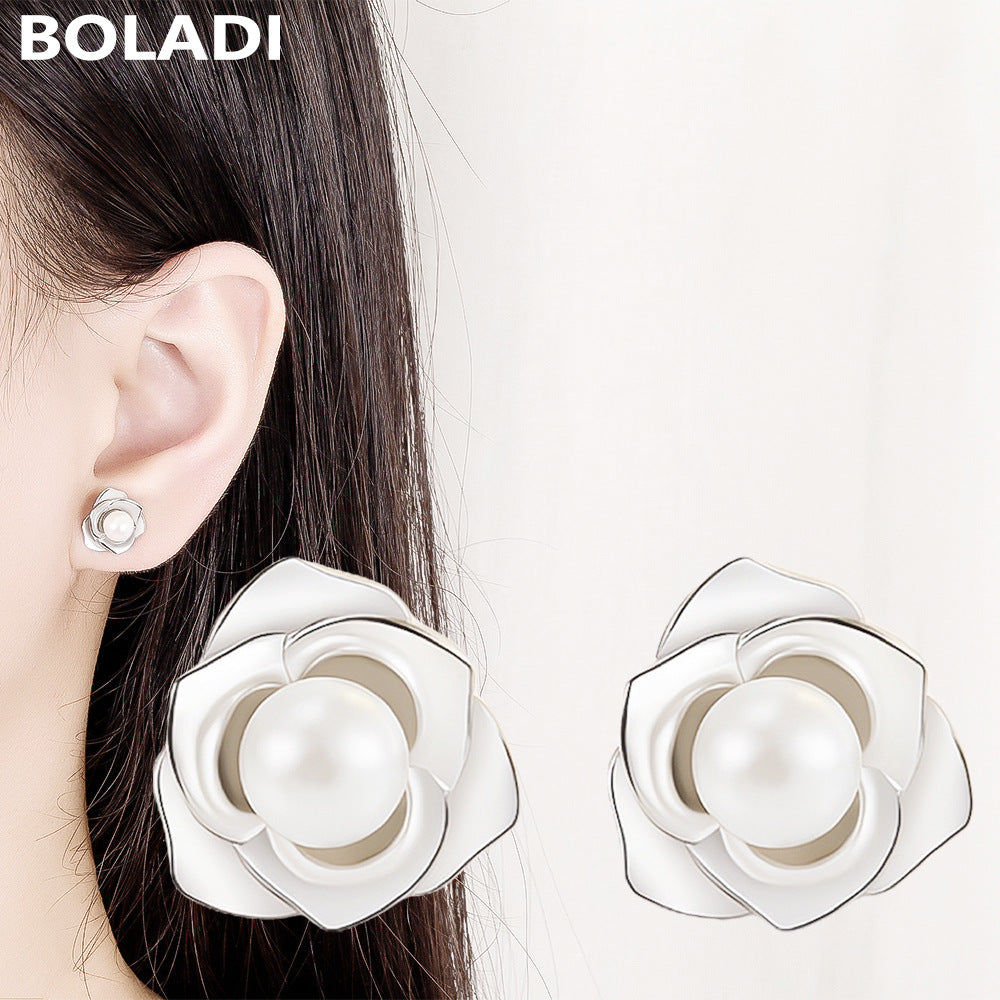 Women's Sier Camellia Pearl Light Luxury Flower Earrings