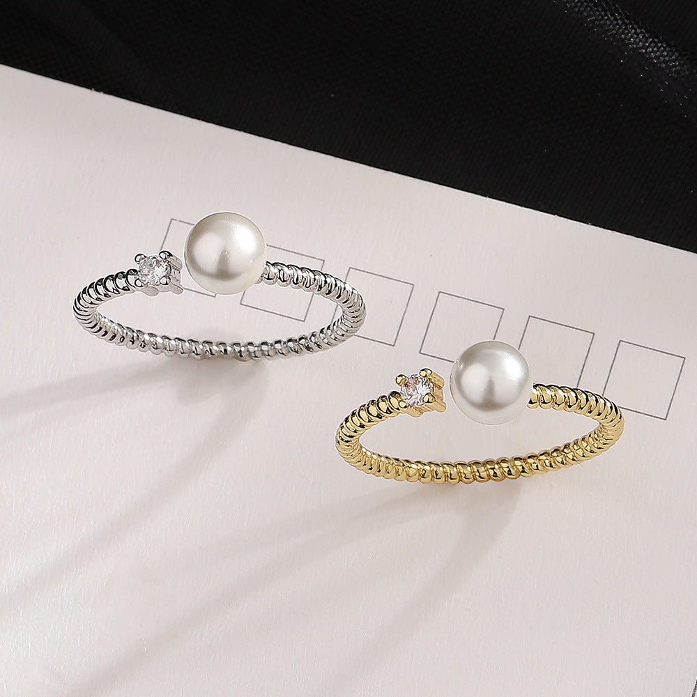 Women's Korean Style Diamond Shell Pearls Twisted Open Joint French Rings