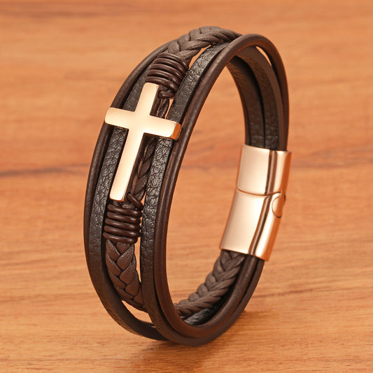 Men's Coffee Color Leather Cross Rope Woven Stainless Steel Genuine Bracelet