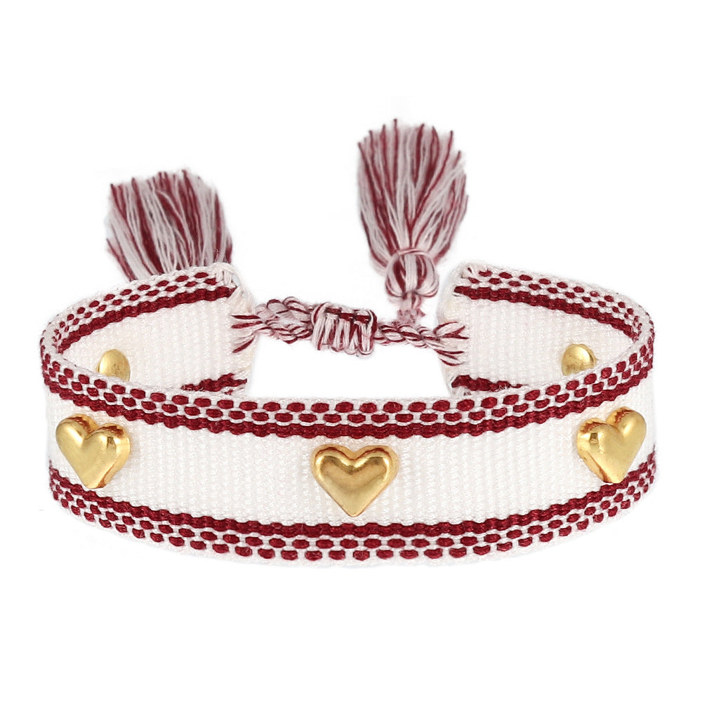 Couple Golden Heart-shaped Carrying Strap Hand-woven Tassel Bracelets