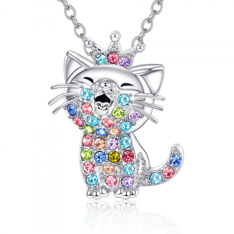 Colorful Cat Diamond Female Animal Cartoon Kitten Clavicle Necklace