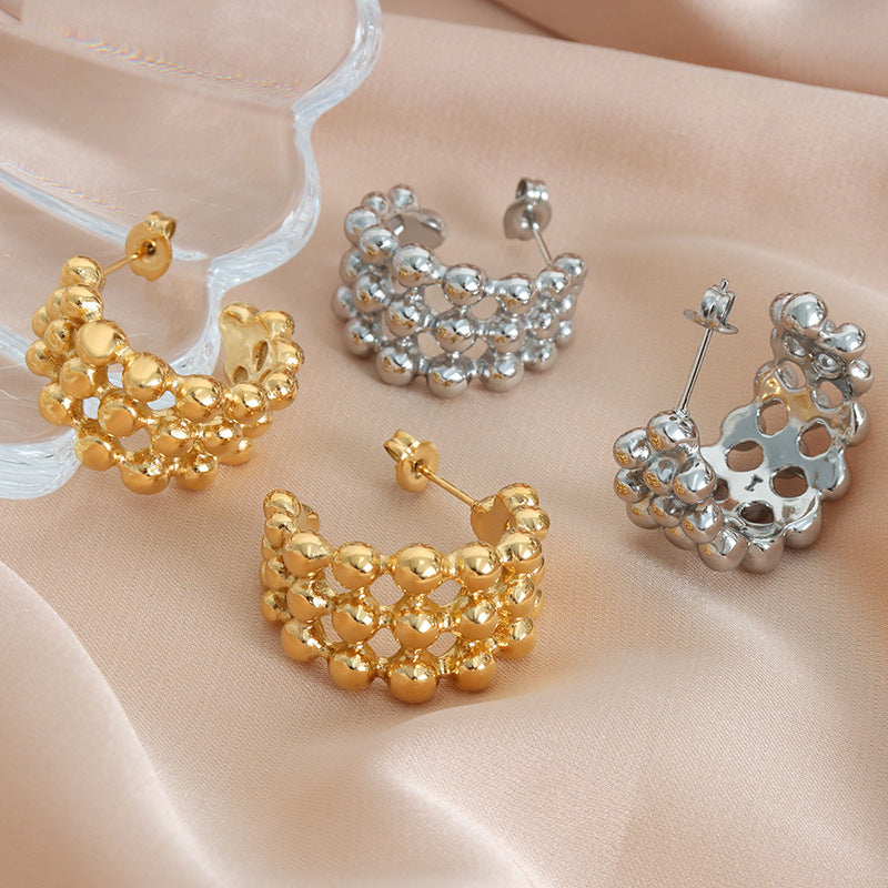 Hop Style Steel Ball Stitching Mesh Design Earrings