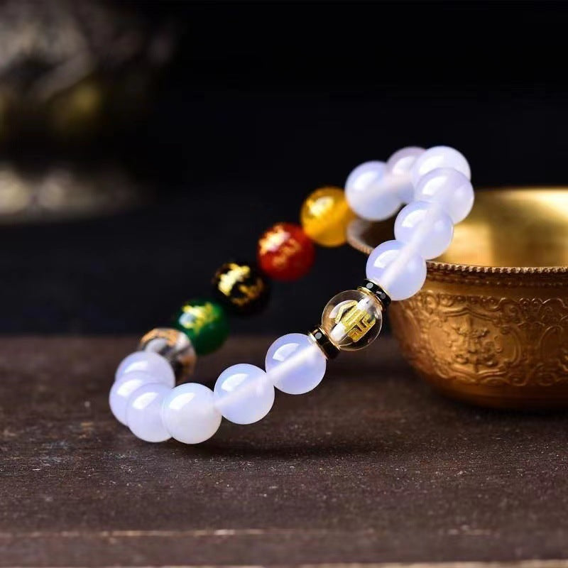 Bracelets en agate pour femmes et hommes, cinq dieux de la richesse, éléments en bois doré