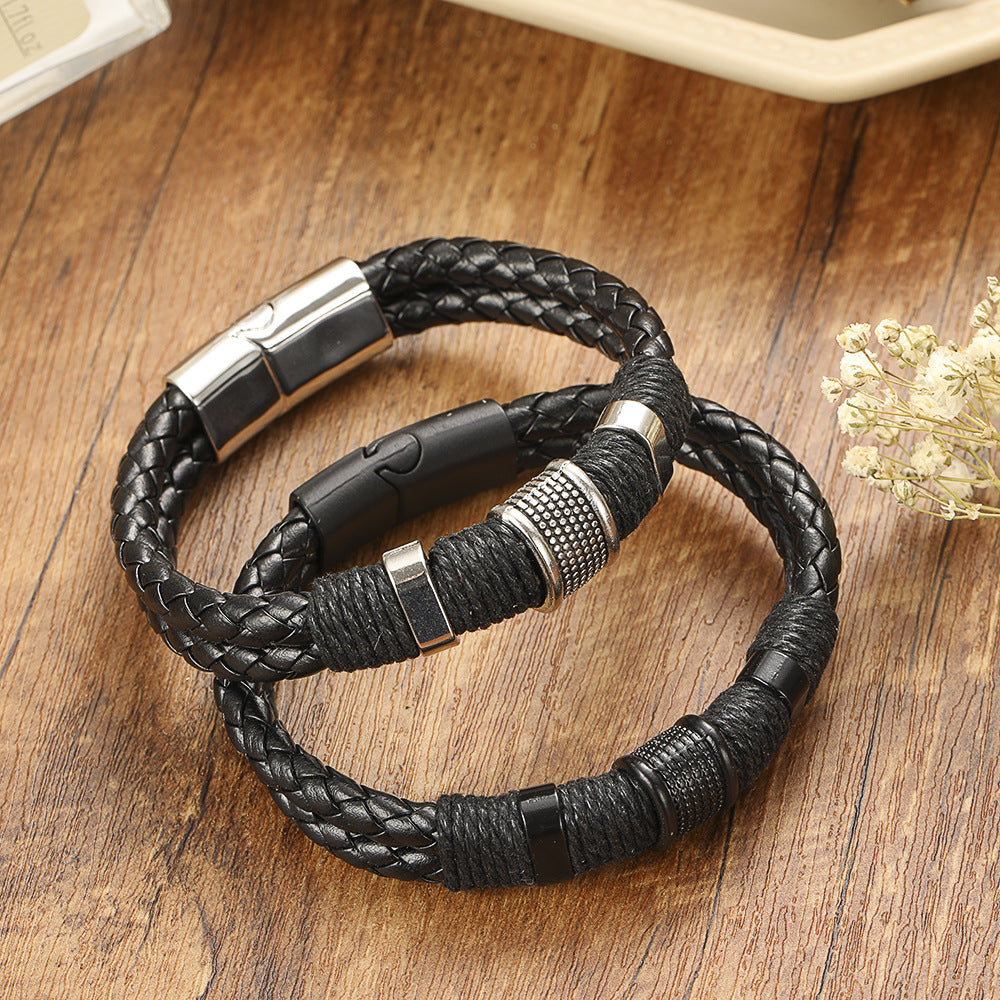 Men's Vintage Magnetic Buckle Alloy Woven Leather Bracelets