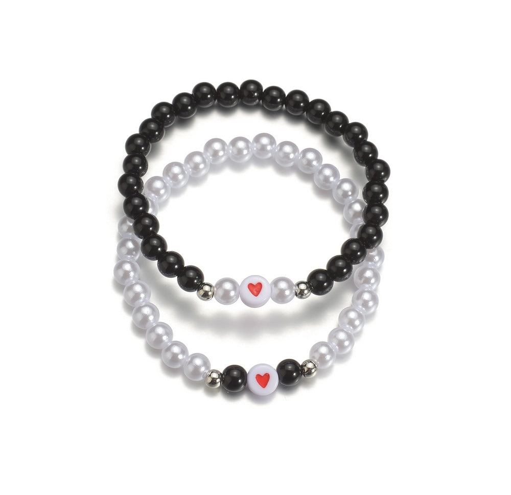 Fashion Couple Pearl Obsidian Beaded Love Bracelets