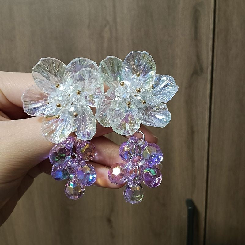 Sier Needle Crystal Flowers Beaded Tassel Fresh Sweet Beautiful Fashion Stud Earrings