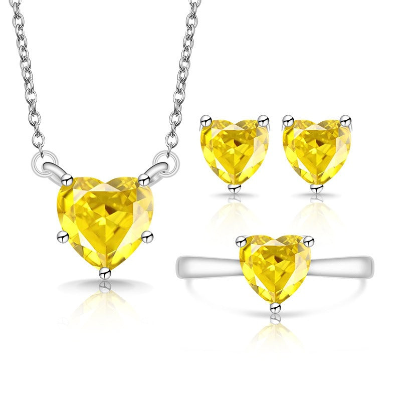 Fashion Trendy Heart-shaped Zircon Colored Gems Korean Style Love Crystal Jewelry Set