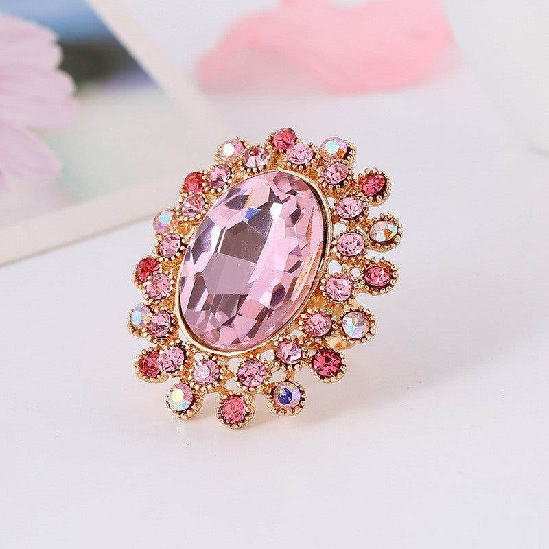 Luxury Crystal Glass Open Adjustable Fashion Exaggerated Ring
