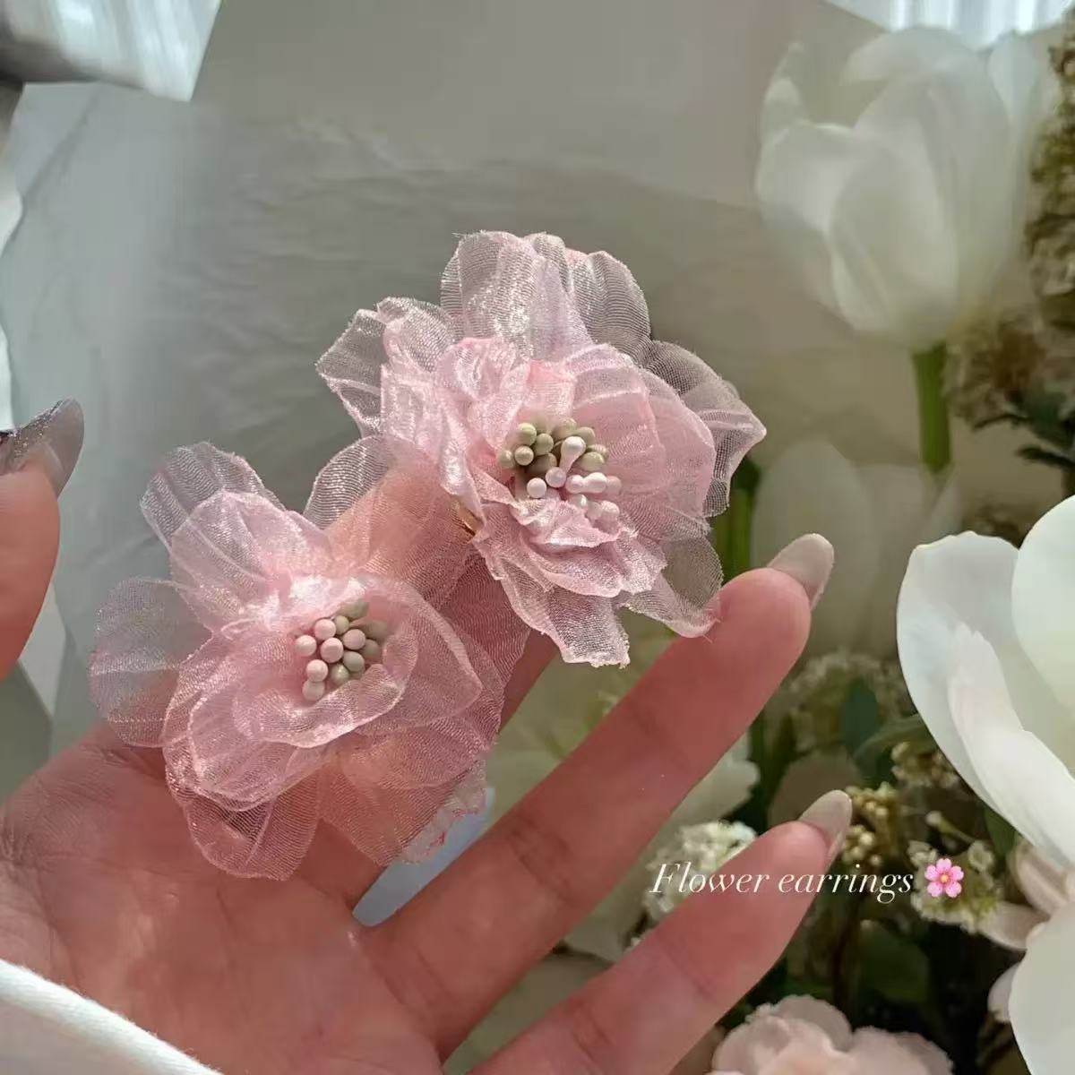 Fresh Blue Fabric Flower Elegant Sweet Rings