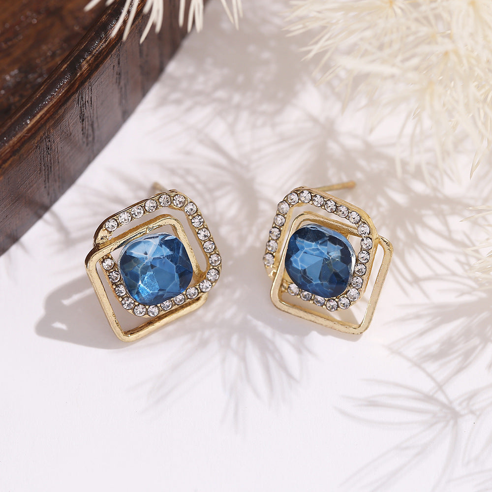 Women's Sier Needle Refined Zircon Blue Diamond Graceful Fashionable Stud Earrings