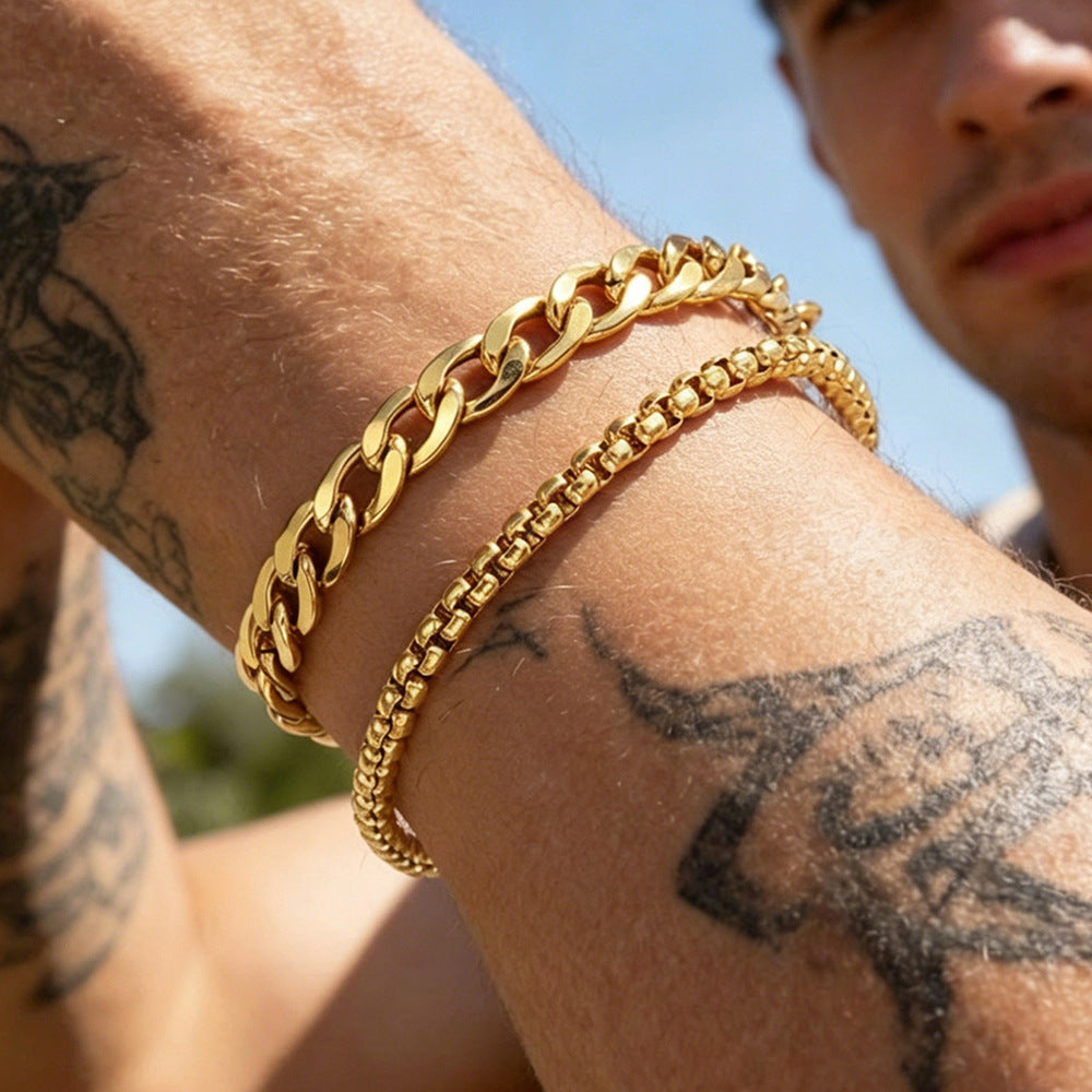 Stainless Steel Three-piece Cuban Simple Personality Hip Hop Style Bracelet