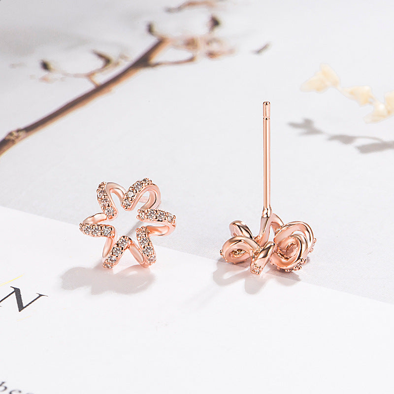 Korean Live Broadcast Hexapetalous Flowers Rose Gold Full Diamond Flower Earrings