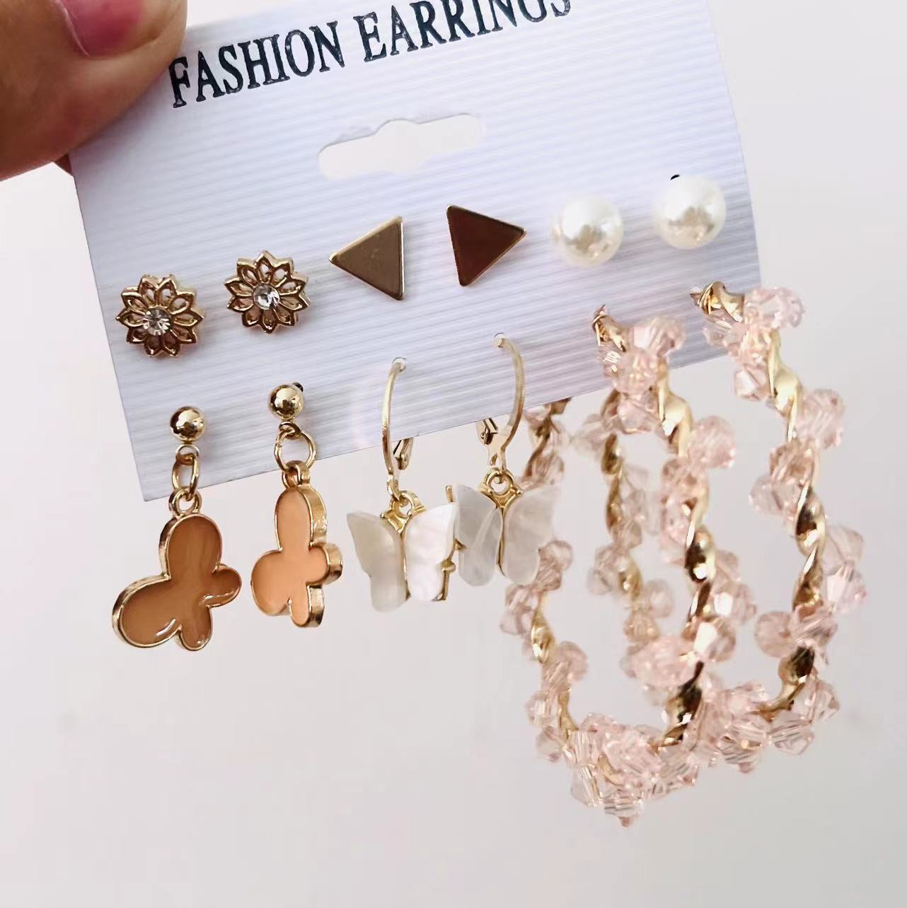 Vintage Pearl Metal Gold Heart Butterfly Geometric Rings