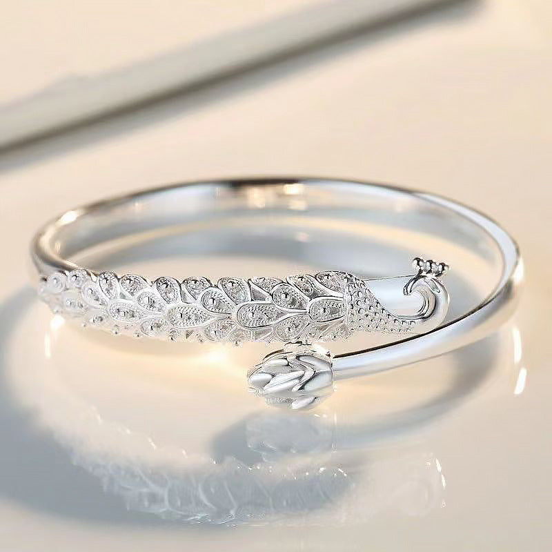 Women's Live Broadcast Ancient Style Alluvial Gold Peacock Push-pull Sterling Sier Bracelets