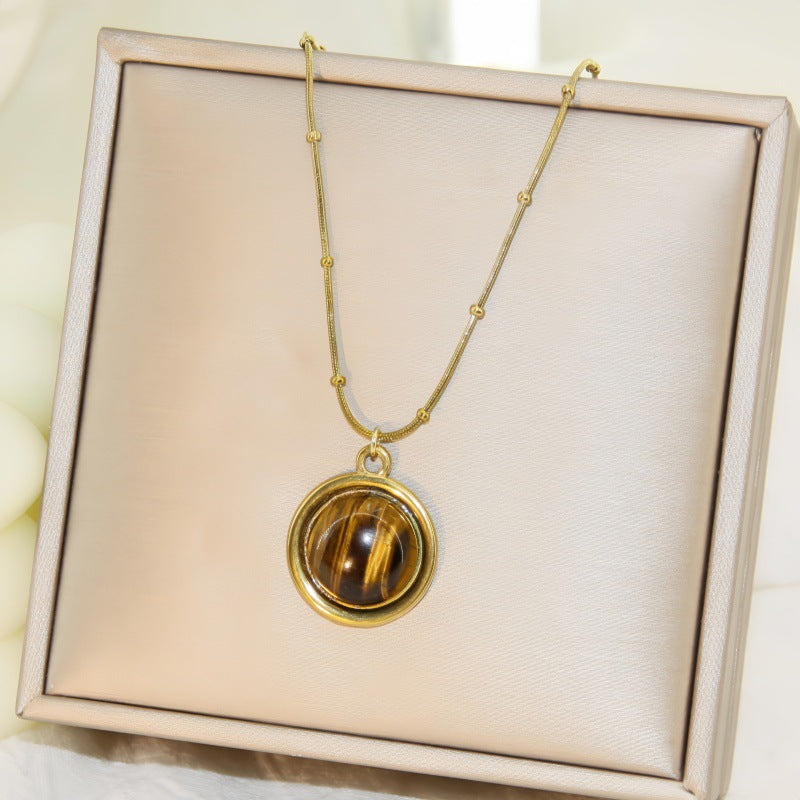 Women's Tigereye Round Titanium Steel Style Clavicle Chain Personalized Minority Design Pendants