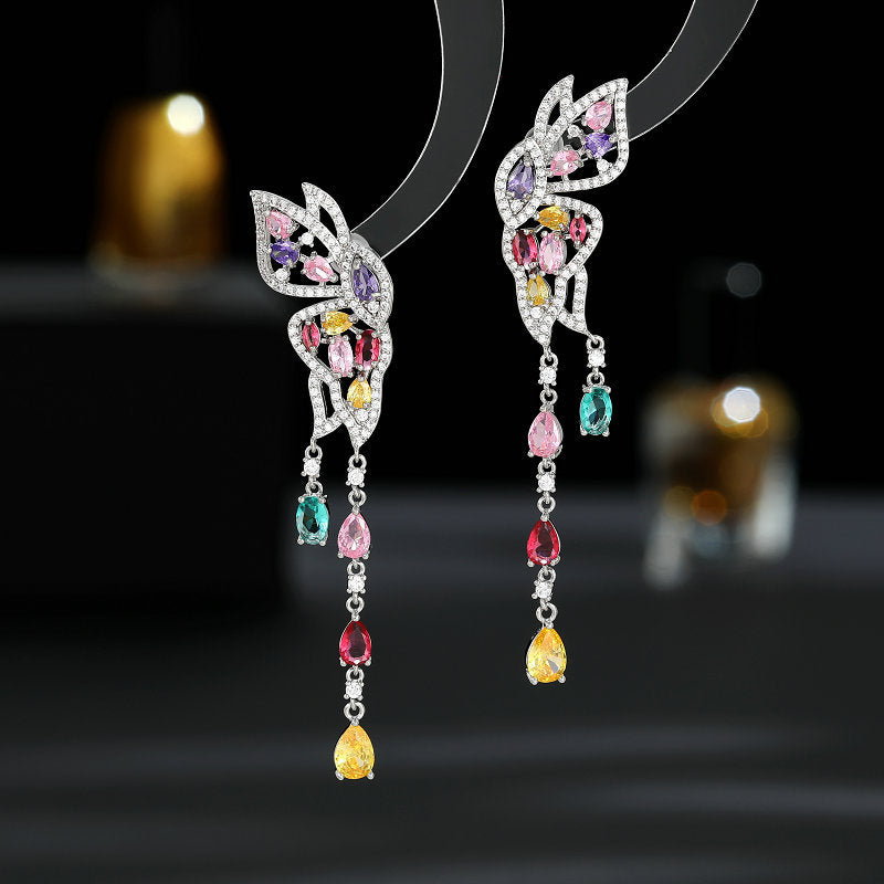 Sier Needle Color Zircon Inlaid Double Flying Long Modified Earrings