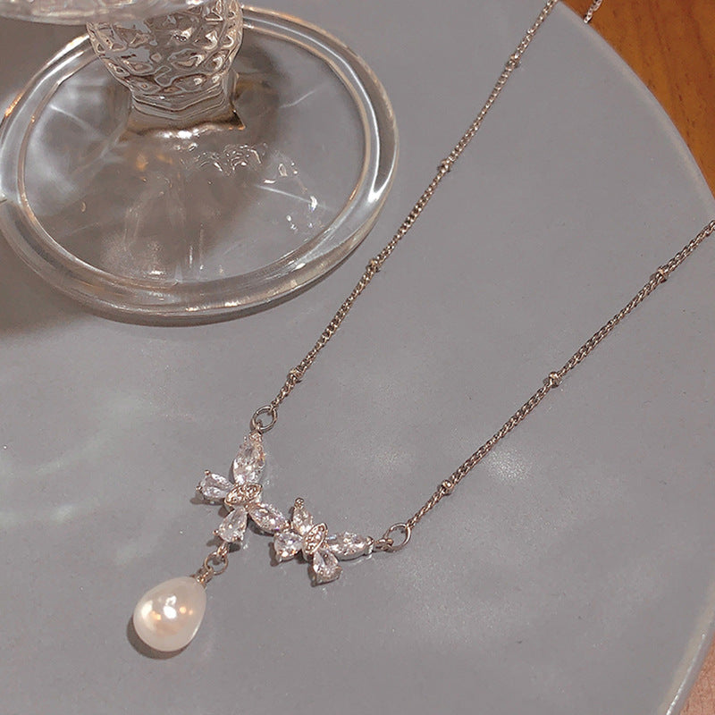 Bow Female Heart Pearl Pendant Clavicle Necklaces