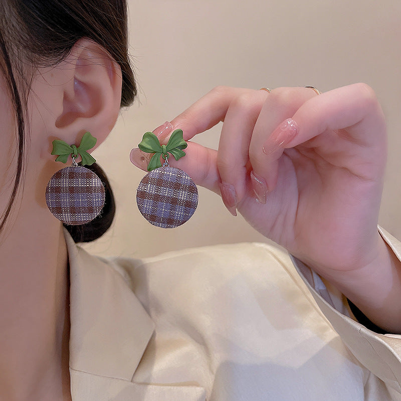 Style Plaid Bow Fashionable Temperament High Earrings