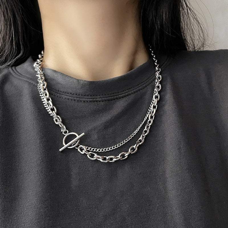 Women's & Men's Titanium Steel No Fading Geometric Personality Double Layer Couple Necklaces