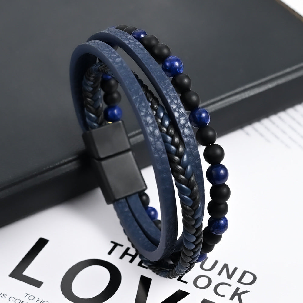 Men's Woven Natural Stone Alloy Leather Beaded Bracelets