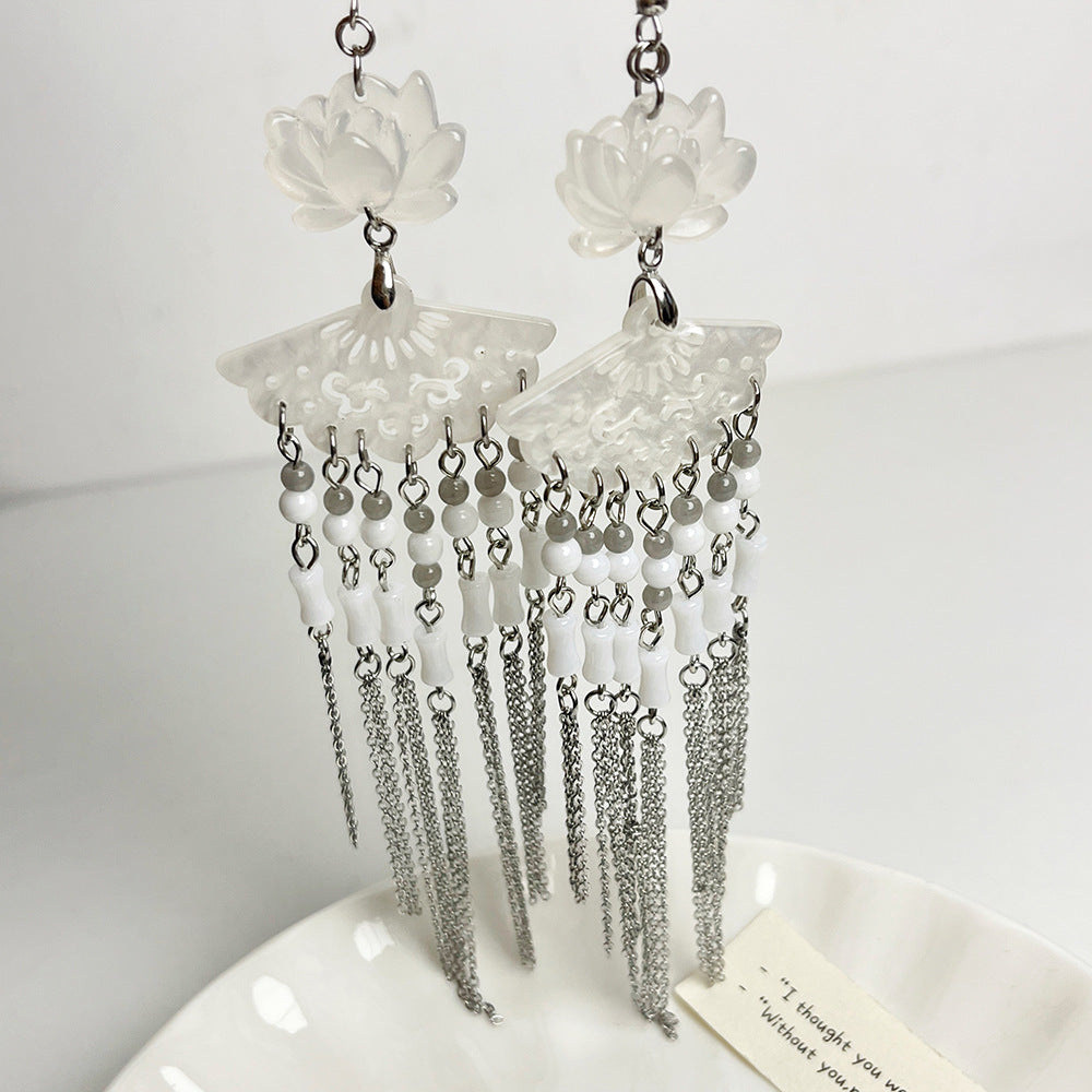 Women's Style Natural Lotus Jade Hollow Out Fan Beaded Tassel Ancient Earrings