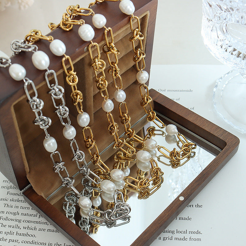Titanium Steel Vintage Elegant Freshwater Pearl Twisted Necklaces