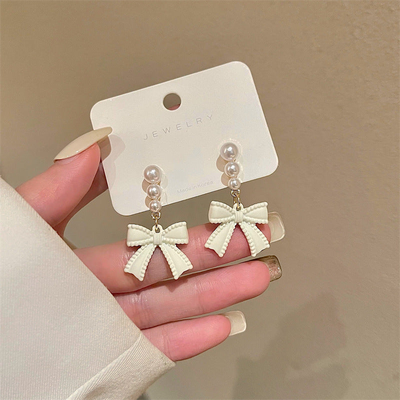 Needle Milky White Pearl Bow Trendy Earrings