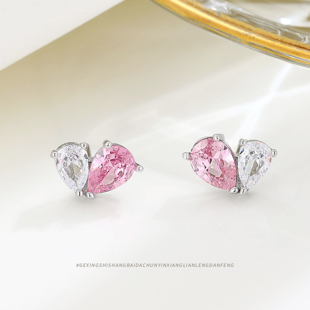 Women's Ornament Sterling Sier Pink Diamond Love Heart Sweet Earrings