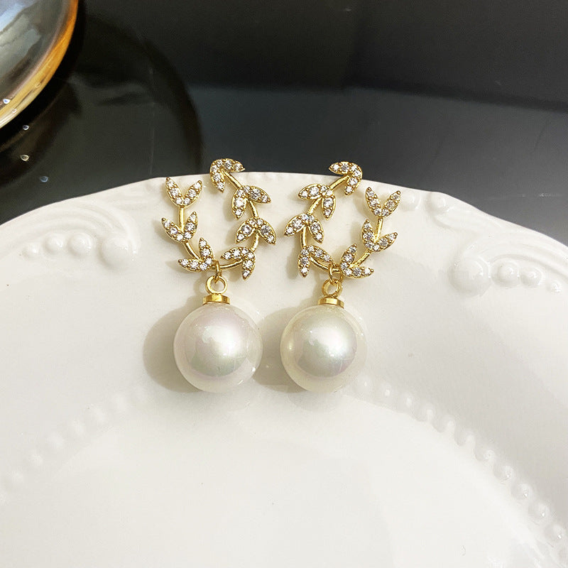 Sier Needle French Rhinestone Pearl Leaf-shaped Earrings