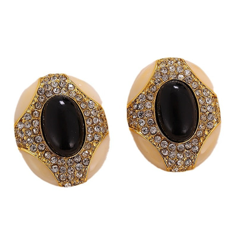 Oval Middle Ancient Dripping Oil Rhinestone Palace Style Earrings