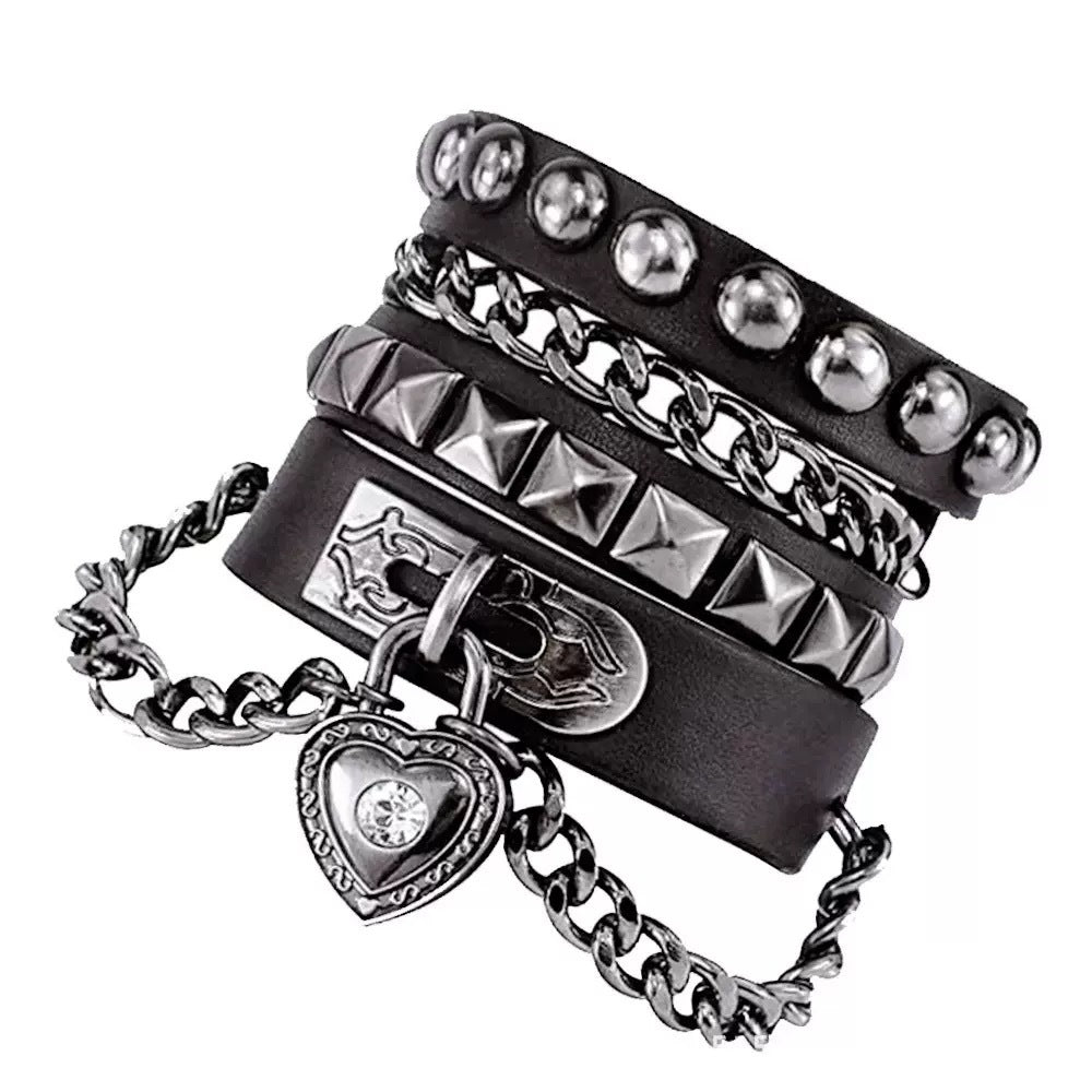 Punk Exaggerated Tapered Pointed Rivet Three Rows Leather Bracelets