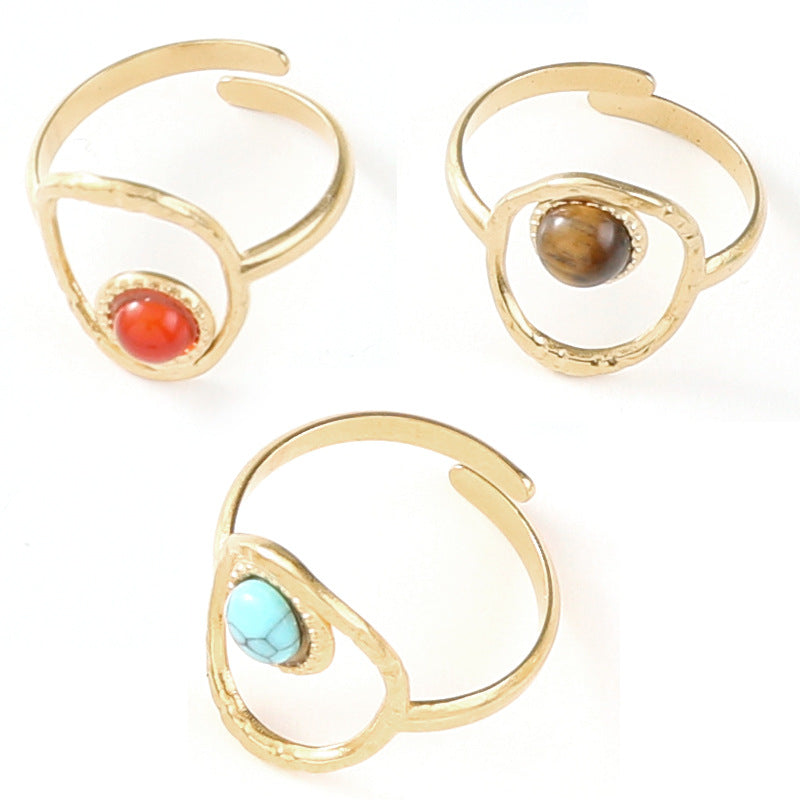 Stainless Steel Ladies Natural Stone Turquoise Shank Retro Ring
