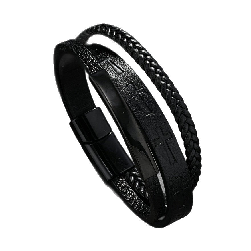 Men's Vintage Cross Leather Weaving Hand Rope Straight Bracelet