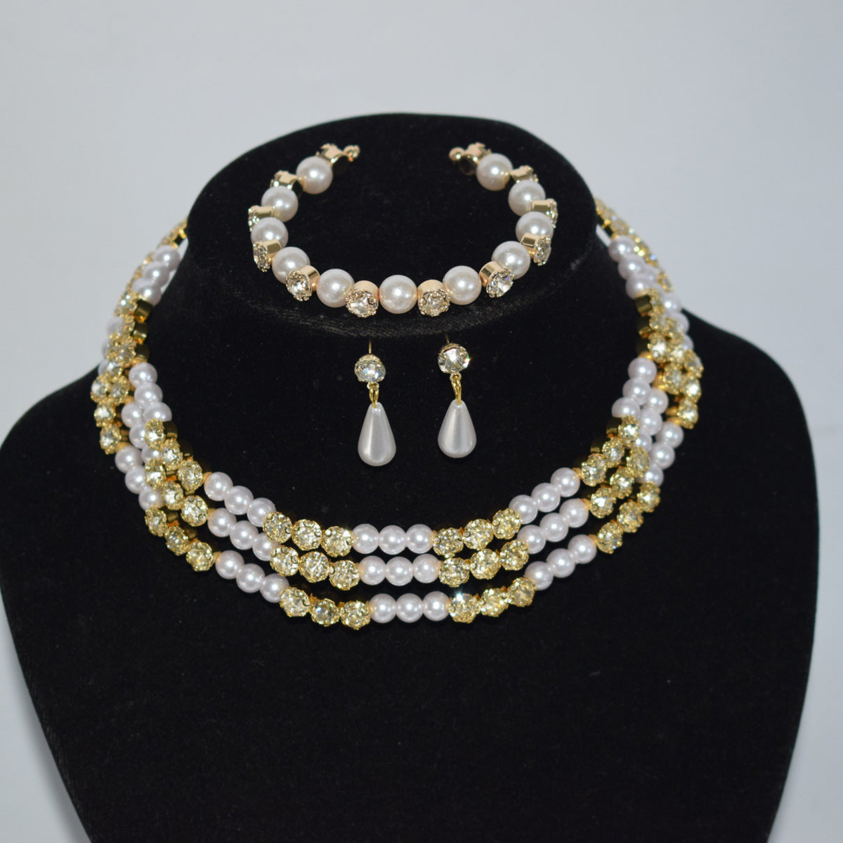 Pearl Diamond Collar Bridal Rhinestone Three-piece Jewelry Set