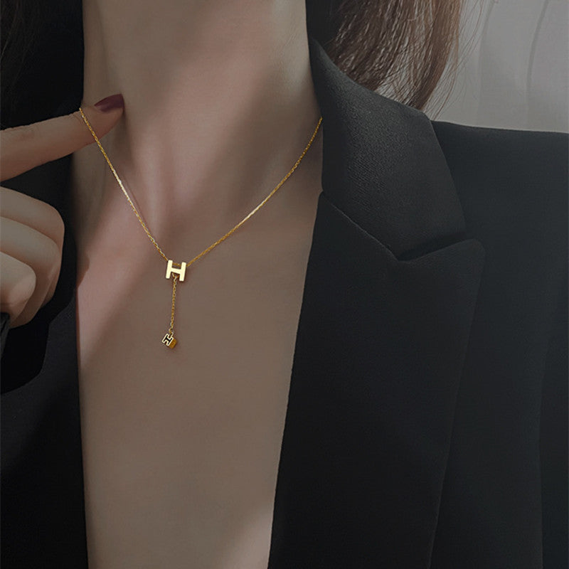 Women's Square Sterling Sier English Letter For Trendy Design Tassel Clavicle Necklace