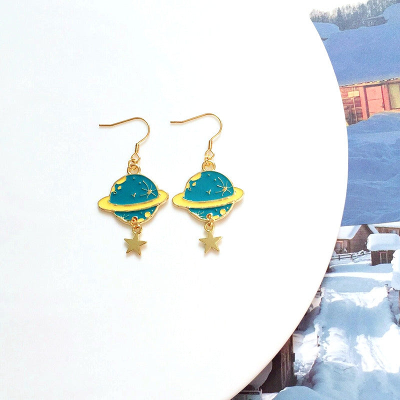 Women's Cartoon Metal Dripping Planet Moon Blue Starry Sky Earrings