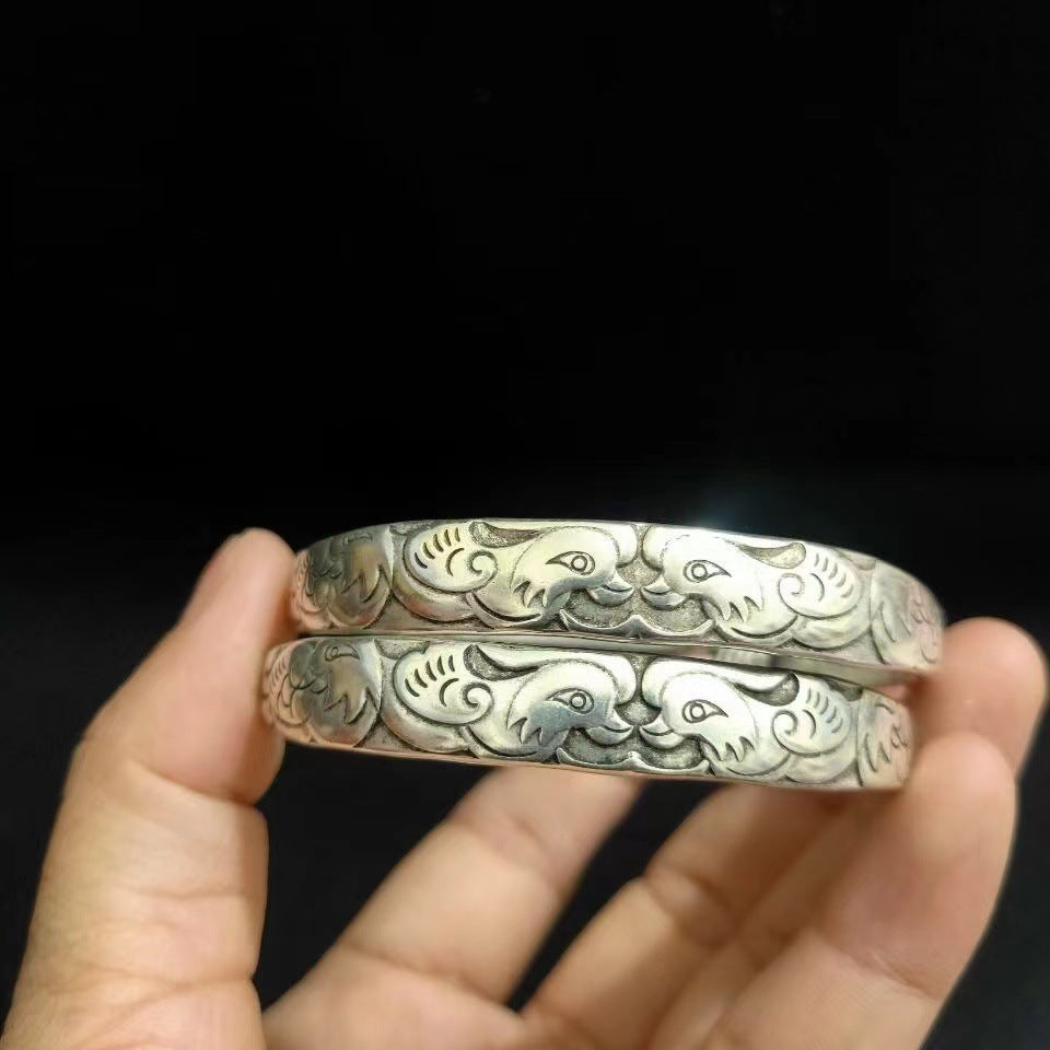 Tibetan Sier Miao Vintage Ethnic Style Fu Lu Shou Plated Bracelet