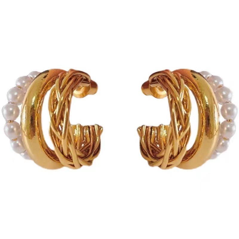 French Pearl Trendy Weave Vintage Metal Circle Earrings