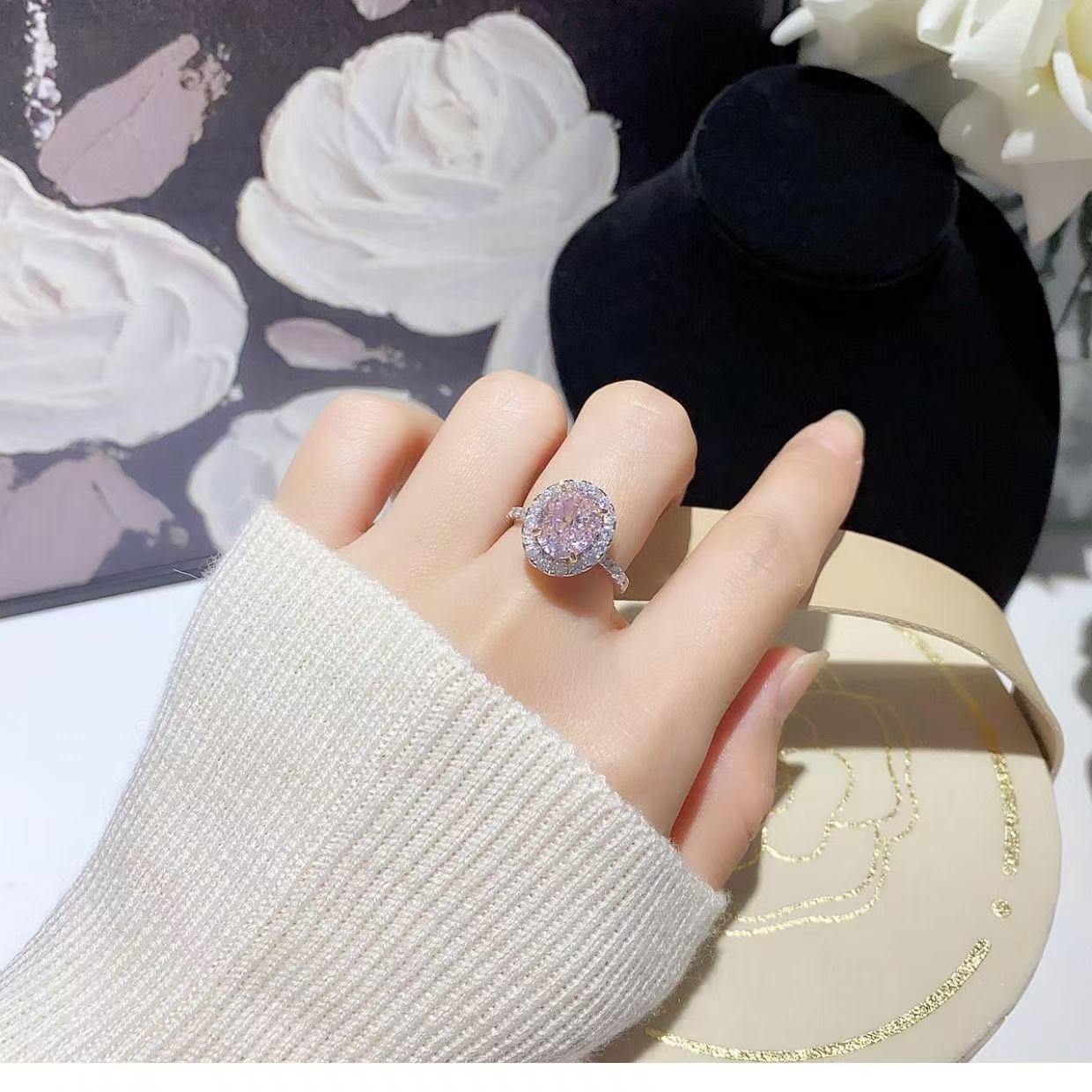 Super Flash Pink Diamond Big Oval Luxury Sweet Beautiful Design Ring