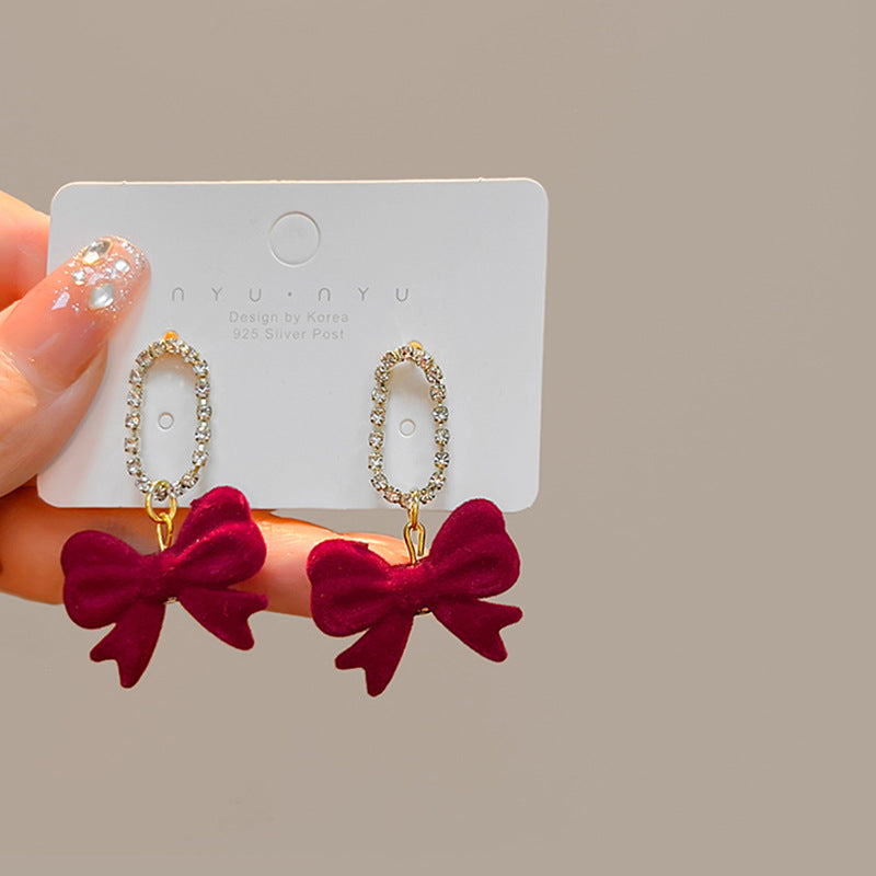 Wine Red Flocking Elegant Atmosphere Bow Rose Earrings