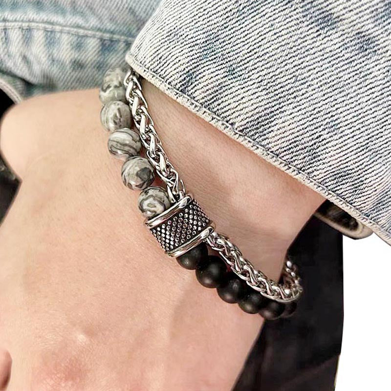 Men's Stainless Steel Basket Chain Frosted Stone Bracelets