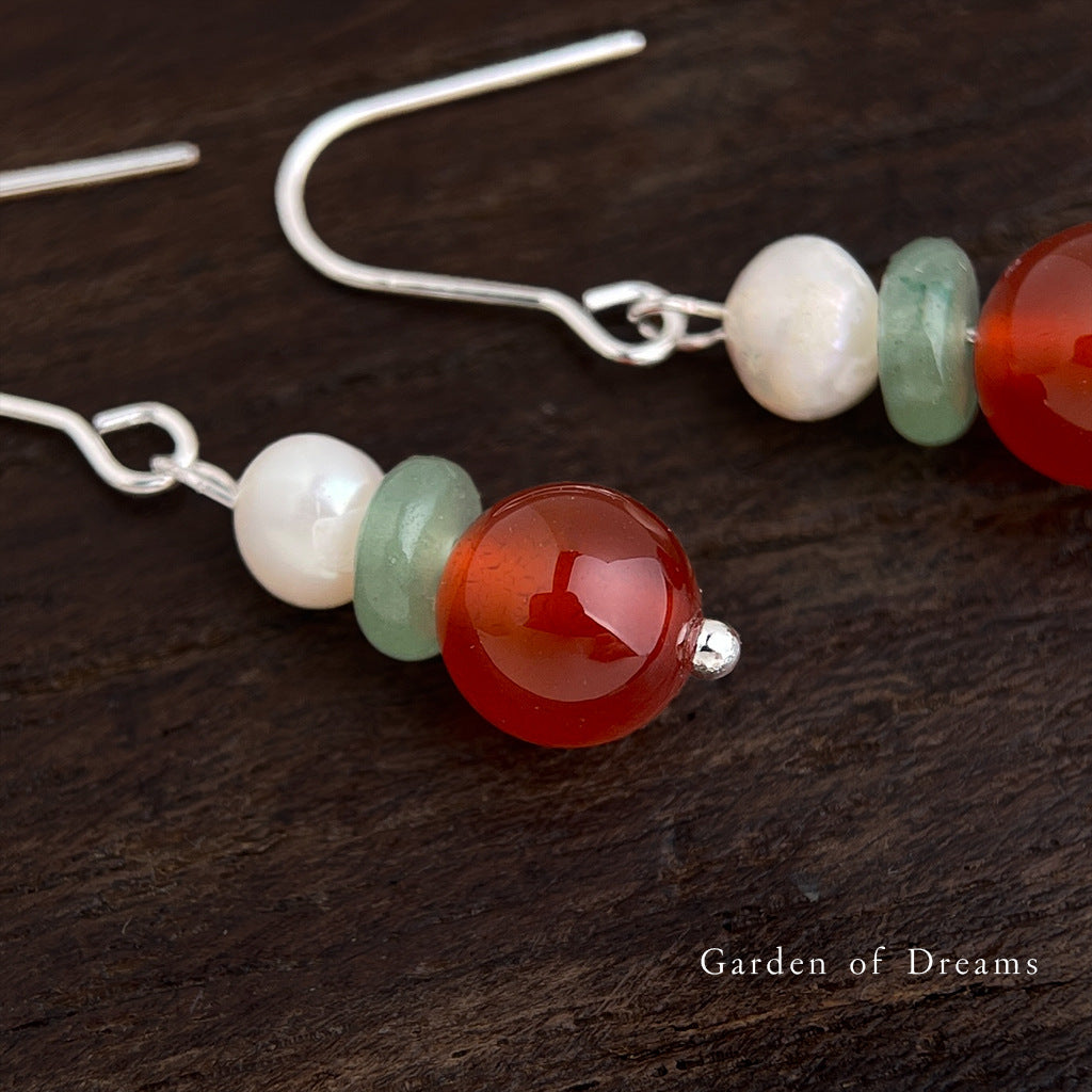 Women's Chinese Style Natural Red Agate Freshwater Stringed Pearls Artistic Vintage Earrings