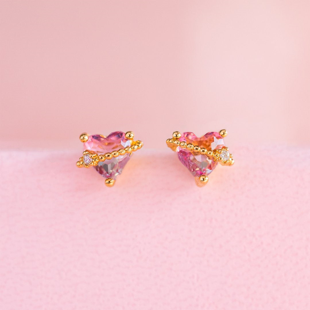 Pink Peach Heart Copper Plated Real Gold Color Stud Earrings